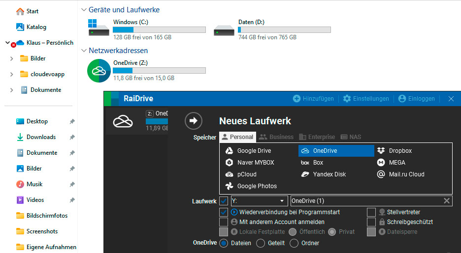 Das Tool Raidrive weist Cloudspeichern wie Dropbox, Google Drive und Onedrive auf dem Windows-Rechner echte Laufwerksbuchstaben zu.