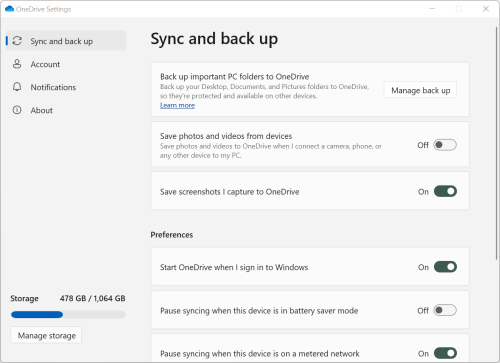 OneDrive settings sync and backup