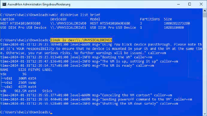 Что где? С Linsk вы можете просматривать подключенные носители данных только в оболочке. Идентификатор оборудования Windows, здесь «\.\ PHYSICALDRIVE1», показывает доступные разделы диска.