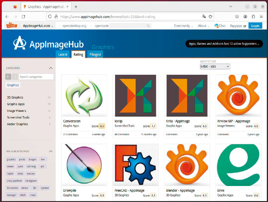 Beste Quelle für portable Appimages: „AppImageHub“ versammelt derzeit etwa 1200 Programme im Appimage-Format und vereinfacht die Suche durch Kategorien und Filter.