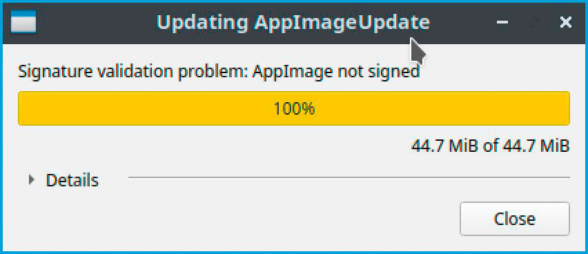 Wenig Erfolg mit der Updatefunktion: Die meisten Appimages bieten die Option erst gar nicht, bei anderen erscheint diese Fehlermeldung.