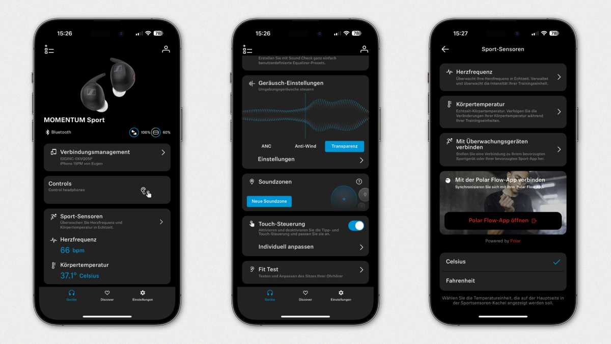 Drei Ansichten der Sennheiser Connect App auf einem iPhone