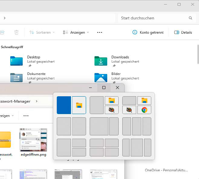 Über das Symbol „Maximieren“ in der Titelleiste erreichen Sie im Explorer eine grafische Übersicht zu den Möglichkeiten für das Anordnen mehrerer Fenster.