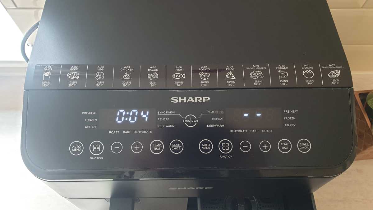 A close-up of the Sharp Dual Drawer 8l Digital Air Fryer with Sync Finish control panel