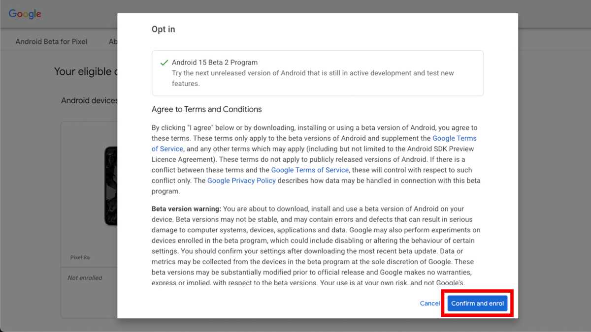 Android 15 Beta Pixel site confirm and enrol