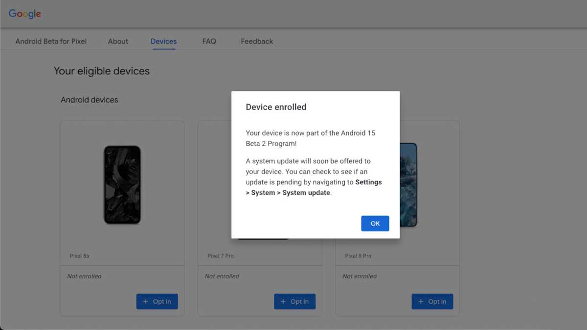 Android 15 Beta Pixel site device enrolled