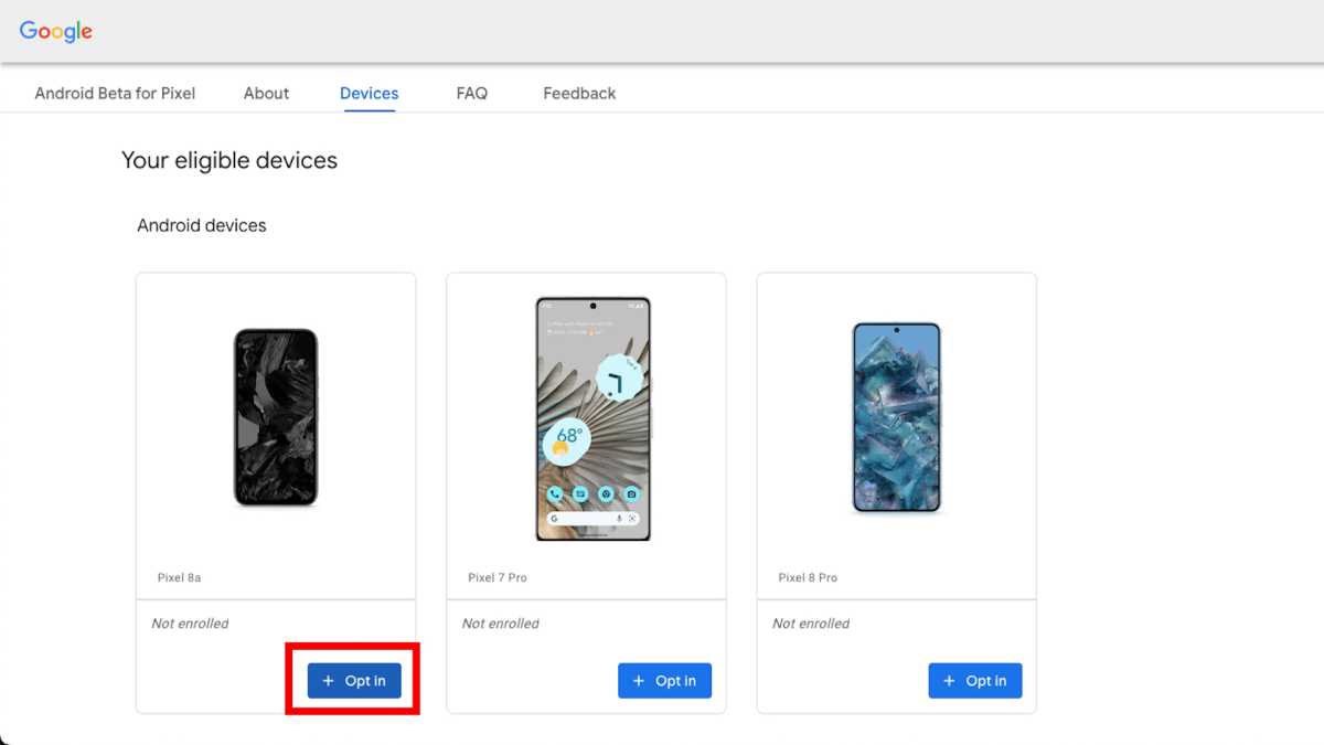 Android 15 Beta Pixel site eligible device pot in