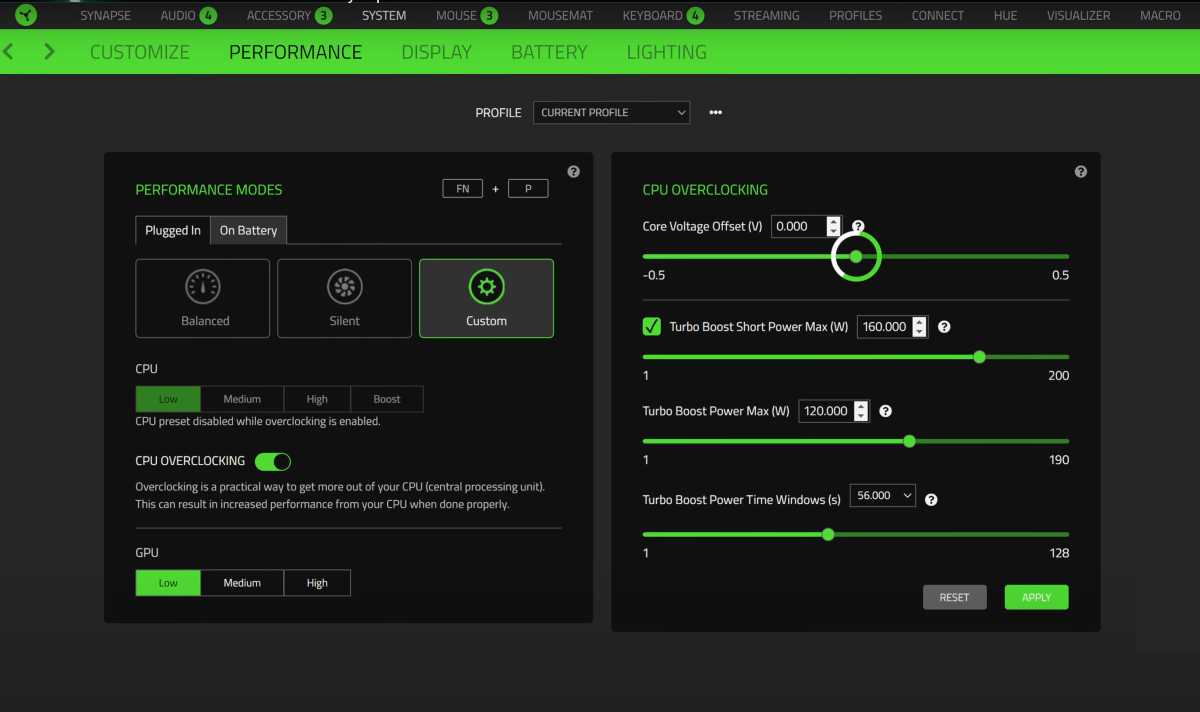 CPU overclocking and undervolting in Razer Synapse software