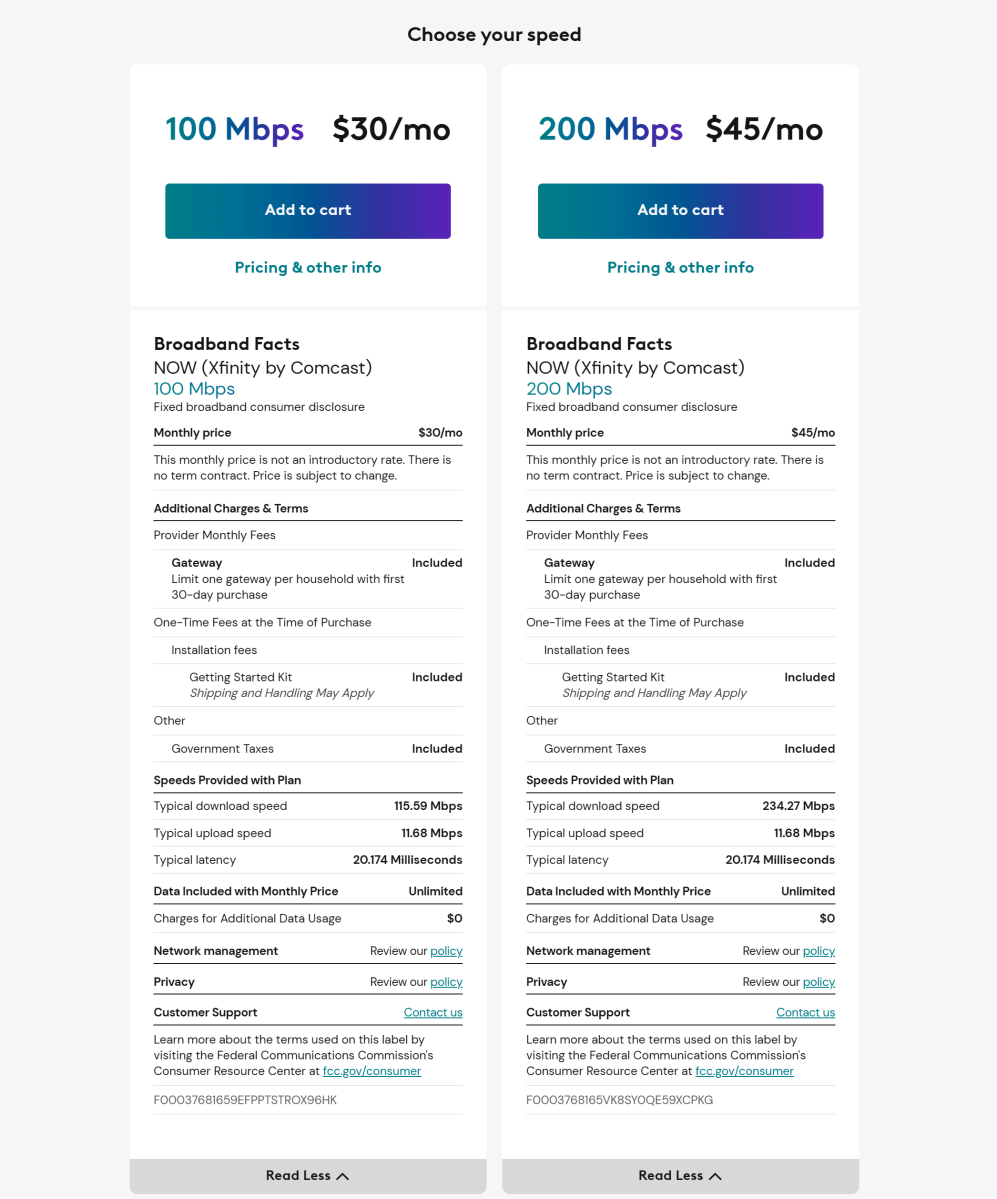 Now Internet Comcast Xfinity speeds and prices