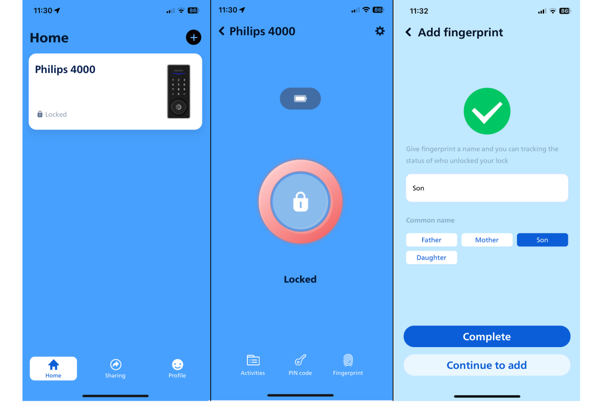 Philips 4000-series smart lock app screenshots