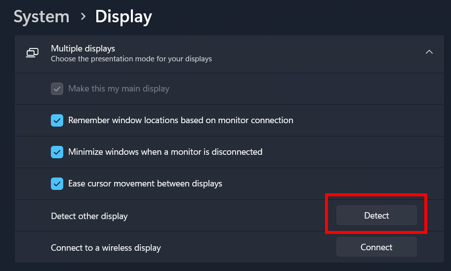 Windows 11 Display Settings - Detect Monitor