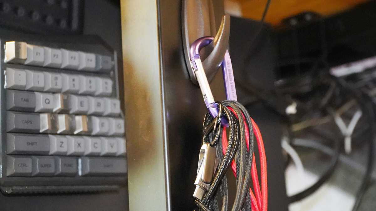 My best desktop organization gadget is a humble carabiner