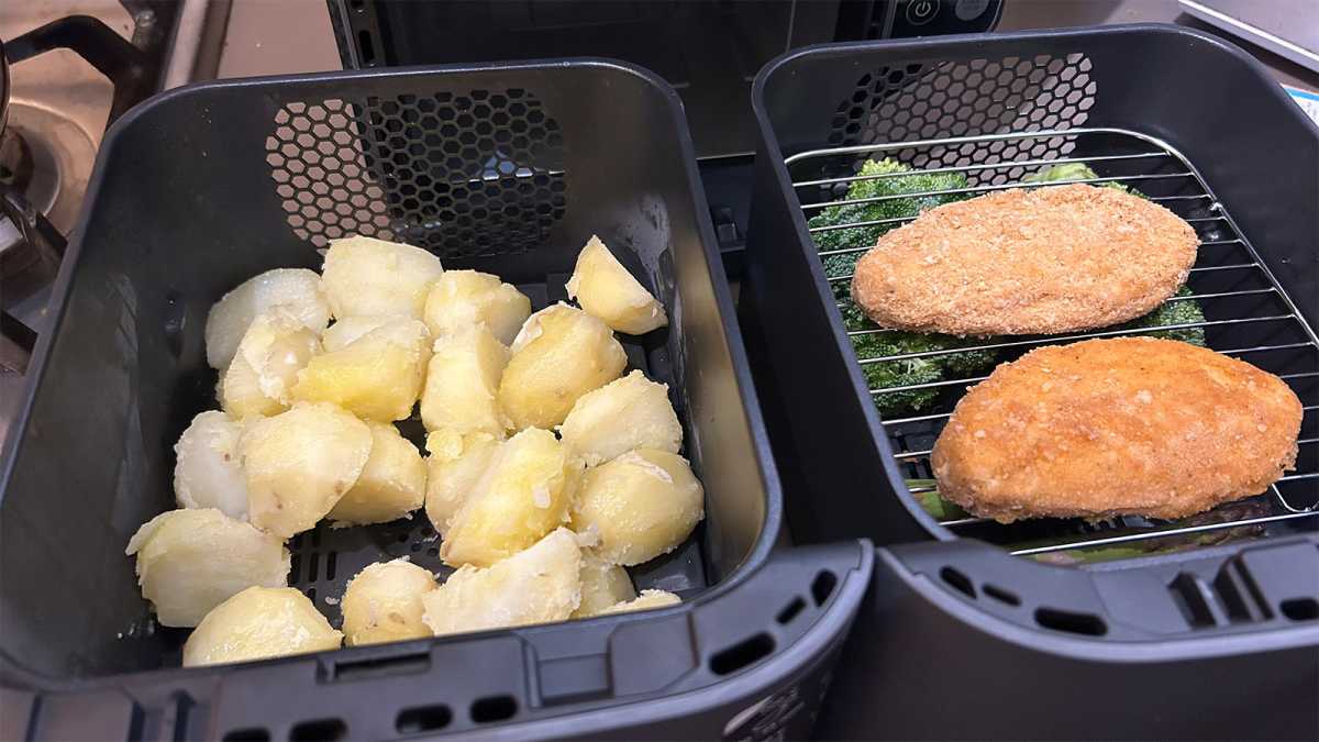 Protein, potatoes and greens ready to cook in the Double Stack