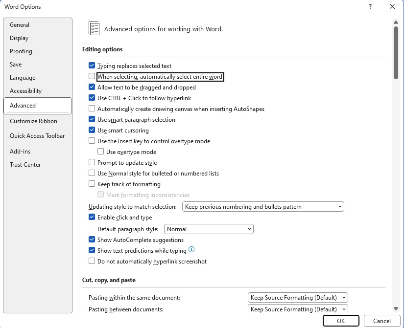 Word editing options