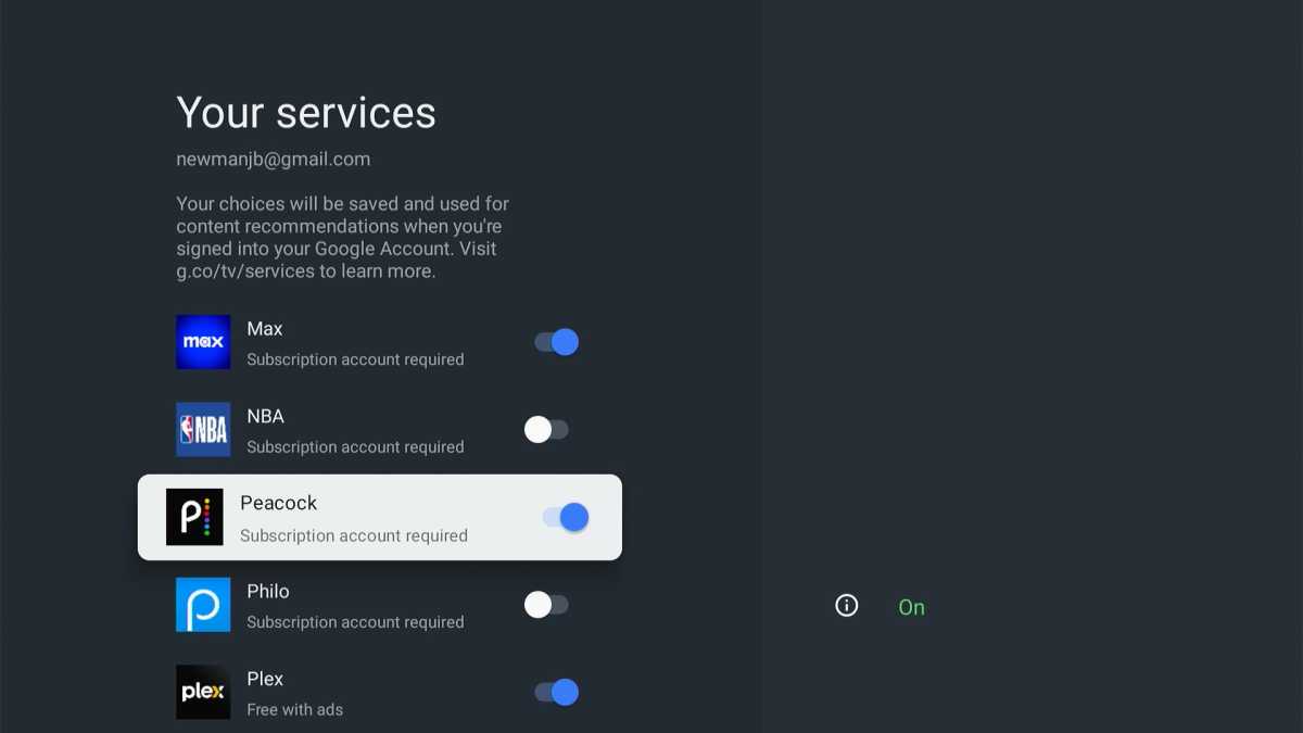 Selecting which services appear on the Google TV home screen.