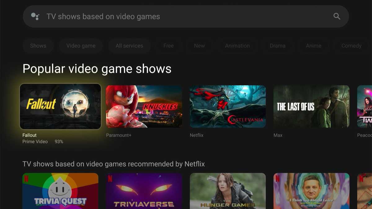 Google TV voice search results for "tv shows based on video games"