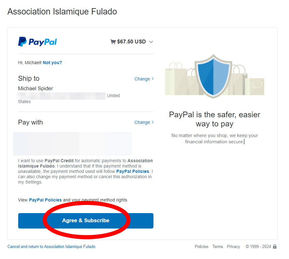 Botón de aceptar y suscribirse de Paypal