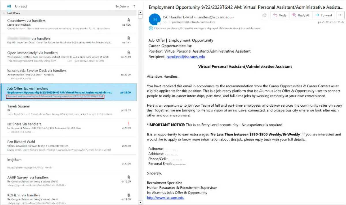 In der Listenansicht zeigt Outlook Zero-Font-Text an. Angeblich wurde die Mail bereits auf Malware-Bedrohungen gescannt und ist unbedenklich. Für den Empfänger wirkt sie daher vertrauenswürdig.