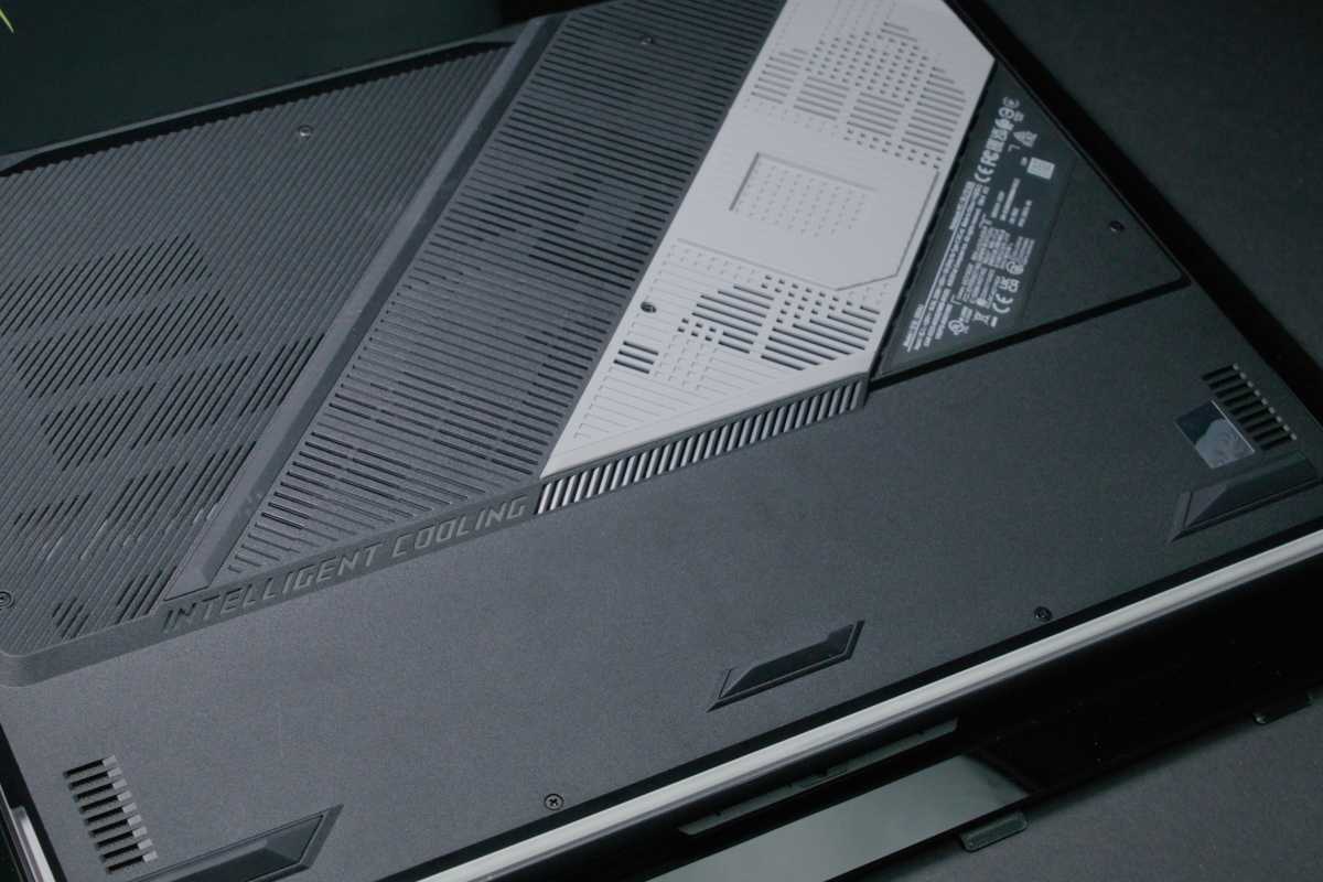Underside of a gaming laptop with vents for air circulation