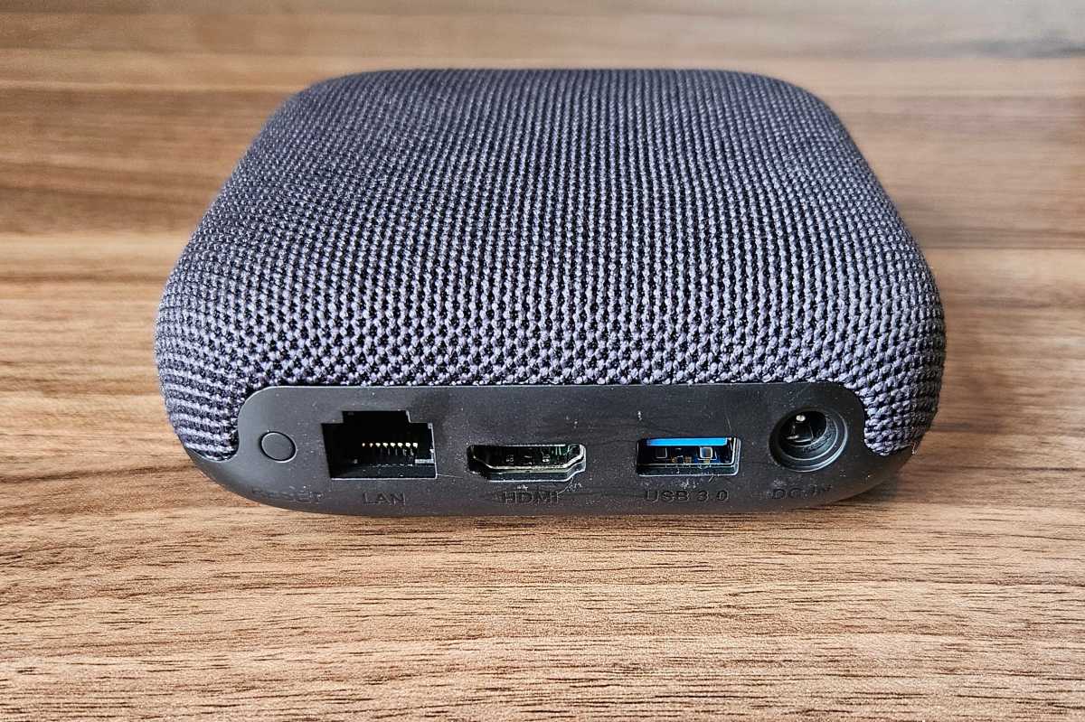 Walmart Onn Google TV 4K Pro rear view with Ethernet, HDMI, and USB ports.