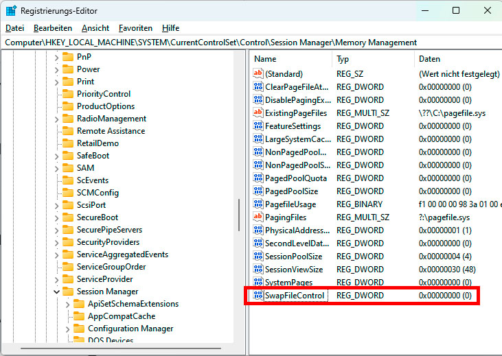 Über den Eintrag „SwapFileControl“ in der Windows Registry können Sie das Swapfile im Systemverzeichnis löschen und auf Wunsch später auch wieder anlegen.