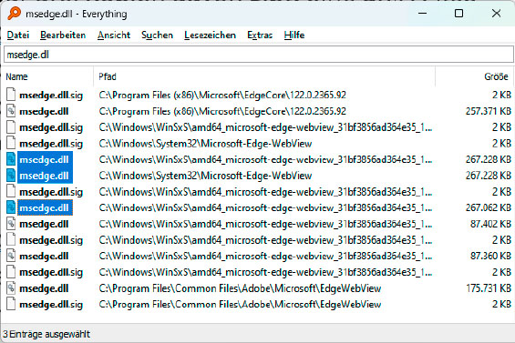 Das Such-Tool Everything meldet drei identische Dateien msedge. dll. Tatsächlich handelt es sich jedoch um ein und dieselbe Datei, auf die über Hardlinks verwiesen wird.