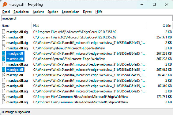 Инструмент поиска «Все» сообщает о трех одинаковых файлах msedge. длл. Однако на самом деле это один и тот же файл, на который ссылаются через жесткие ссылки.