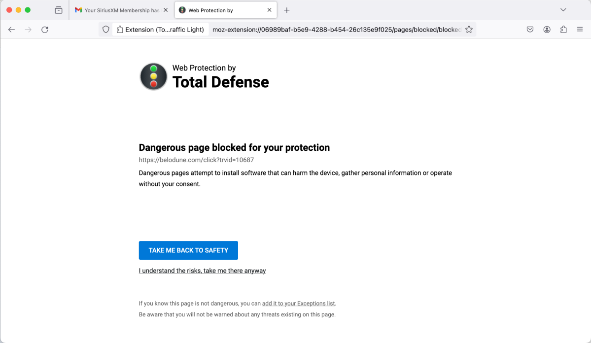 A website blocked via Bitdefender's Total Defense web browser extension feature