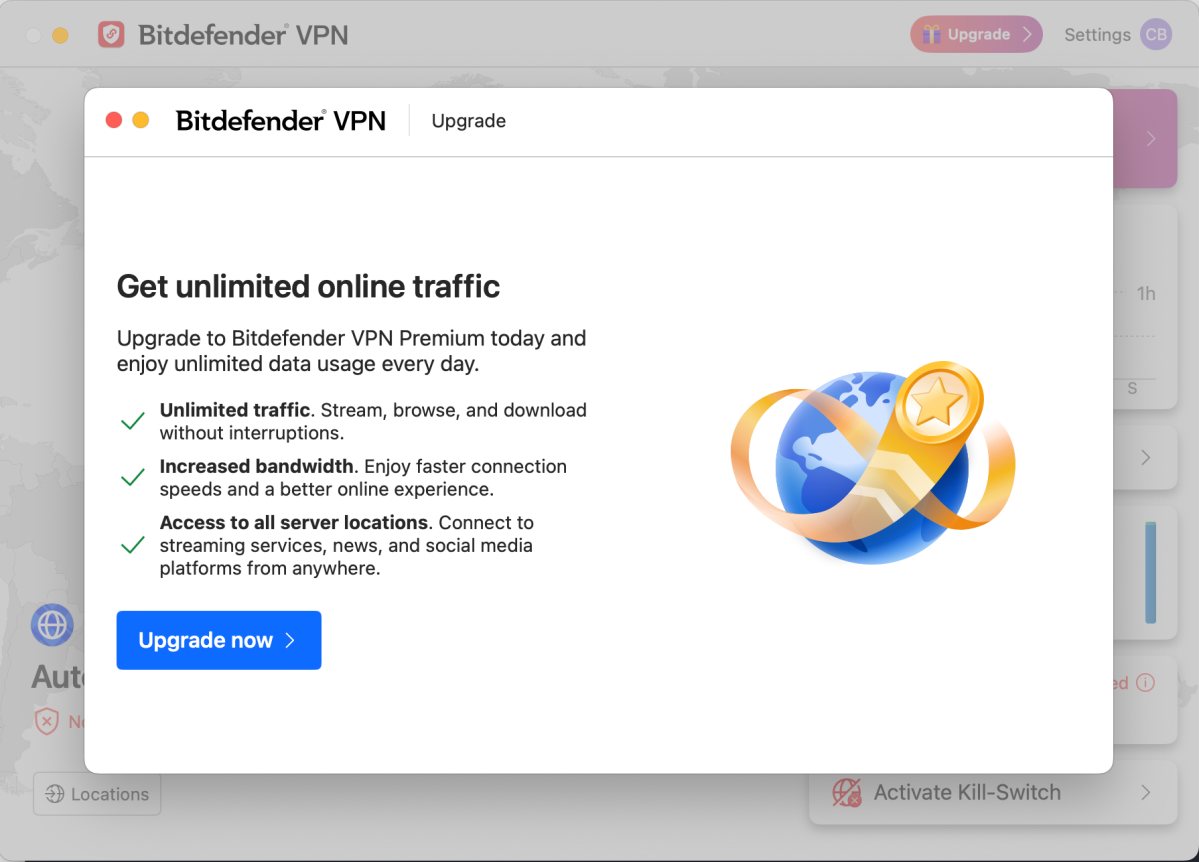Bitdefender’s VPN program advising you to upgrade