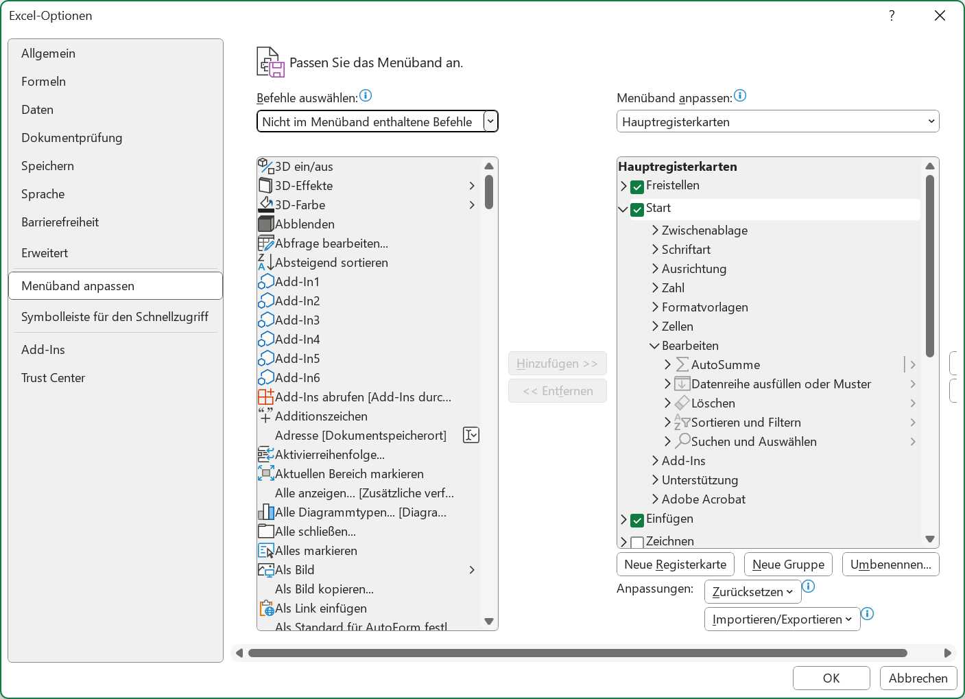 Excel-Optionen Menüband anpassen