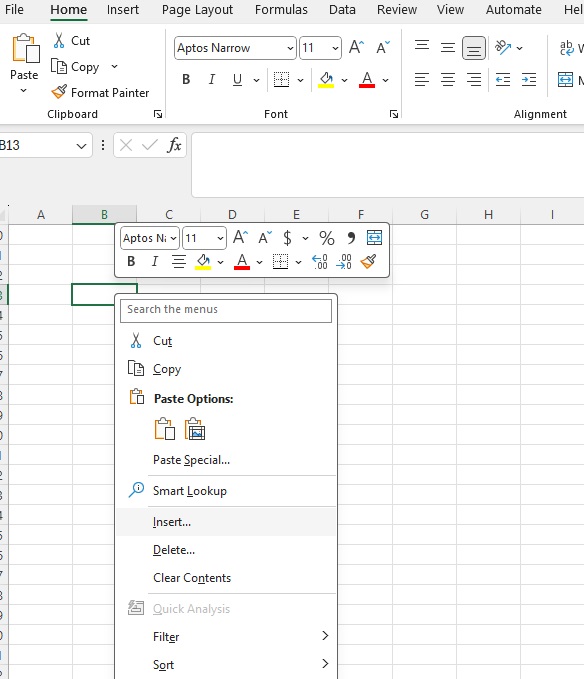 Excel context menu