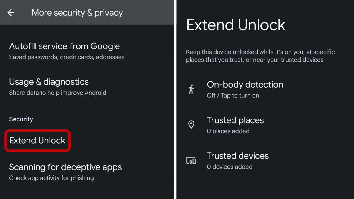 Two screenshots showing the Extend Unlock feature in Android 14