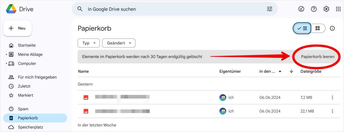 Google Drive Papierkorb leeren