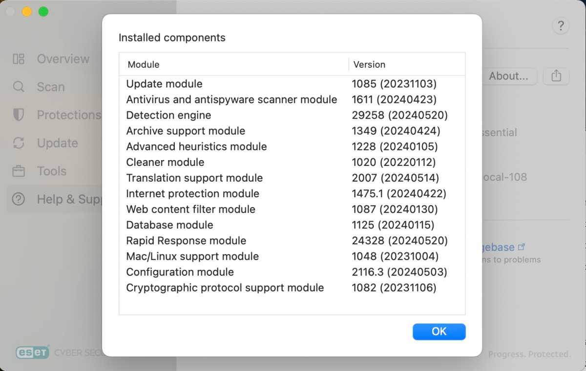 Looking over installed components in ESET Home Security Premium