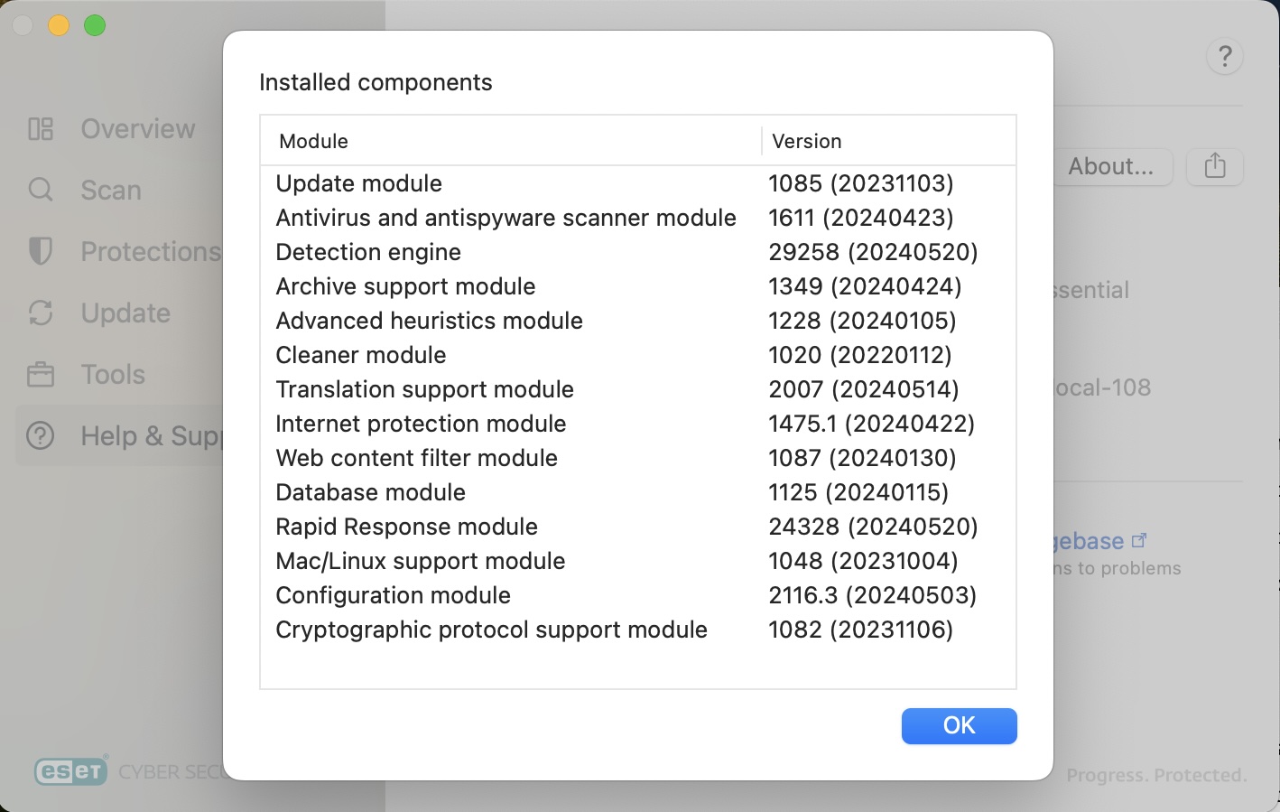 Looking over installed components in ESET Home Security Premium