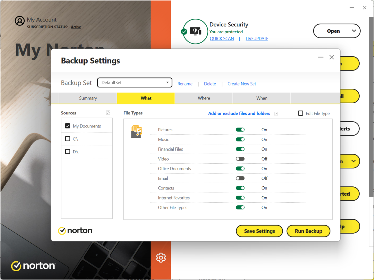 Norton 360 backup settings