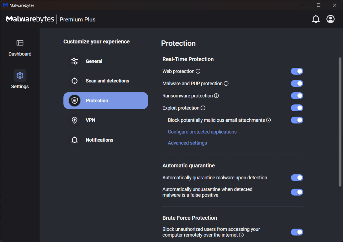 Malwarebytes Protection settings screen (June 2024)