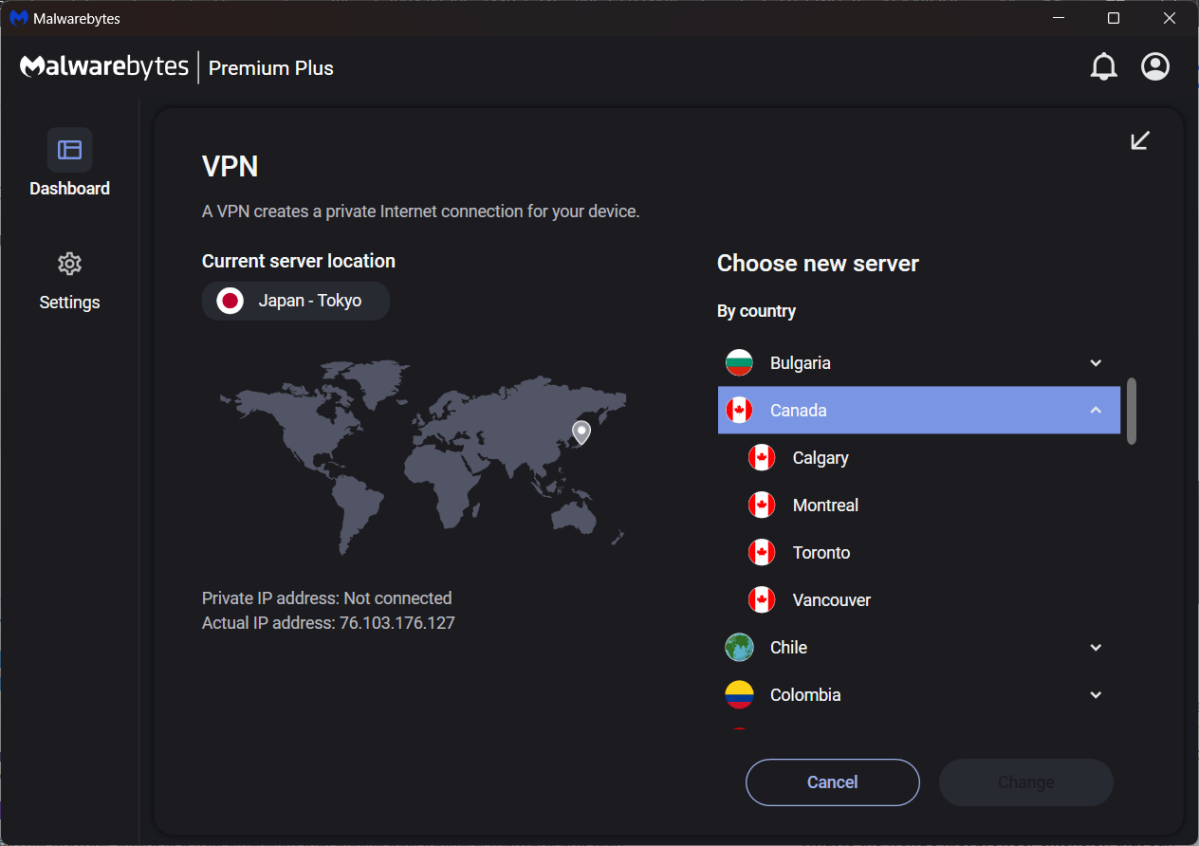 Malwarebytes VPN server choices (June 2024)