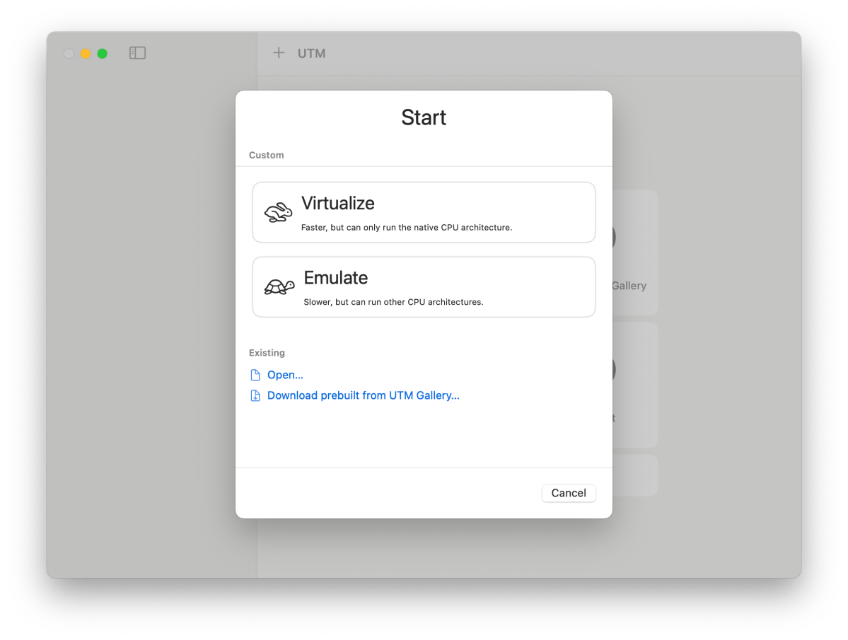 UTM Virtualization or Emulate