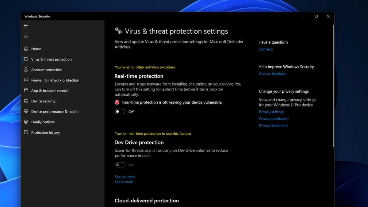 Windows Security virus and threat protection settings