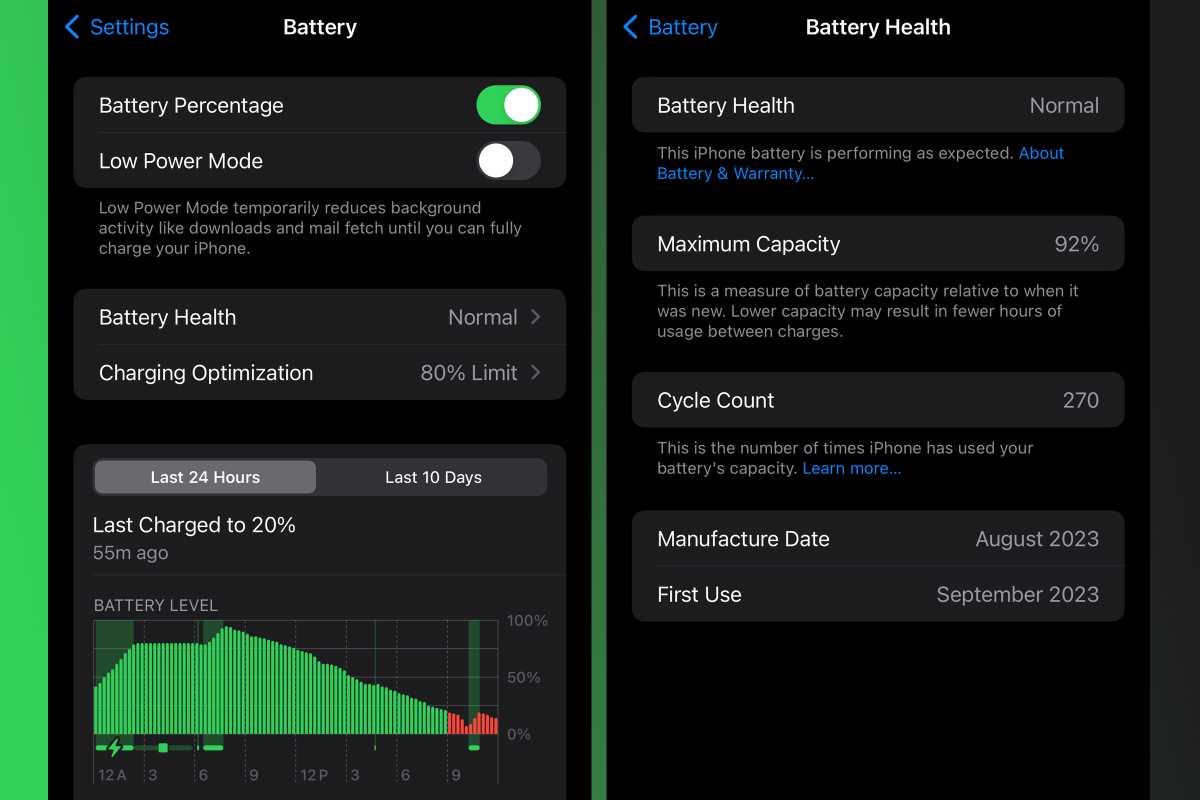 Battery Health settings on the iPhone 15 Pro Max