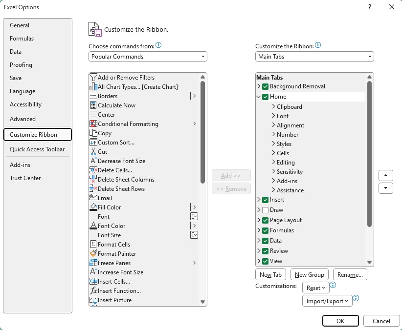 Excel ribbon customize