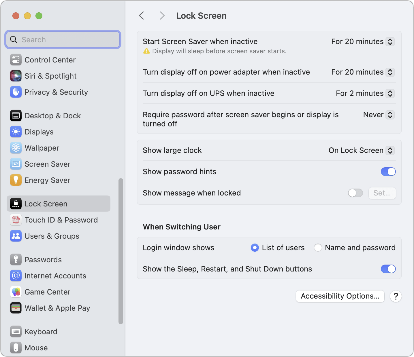 macOS Lock Screen settings