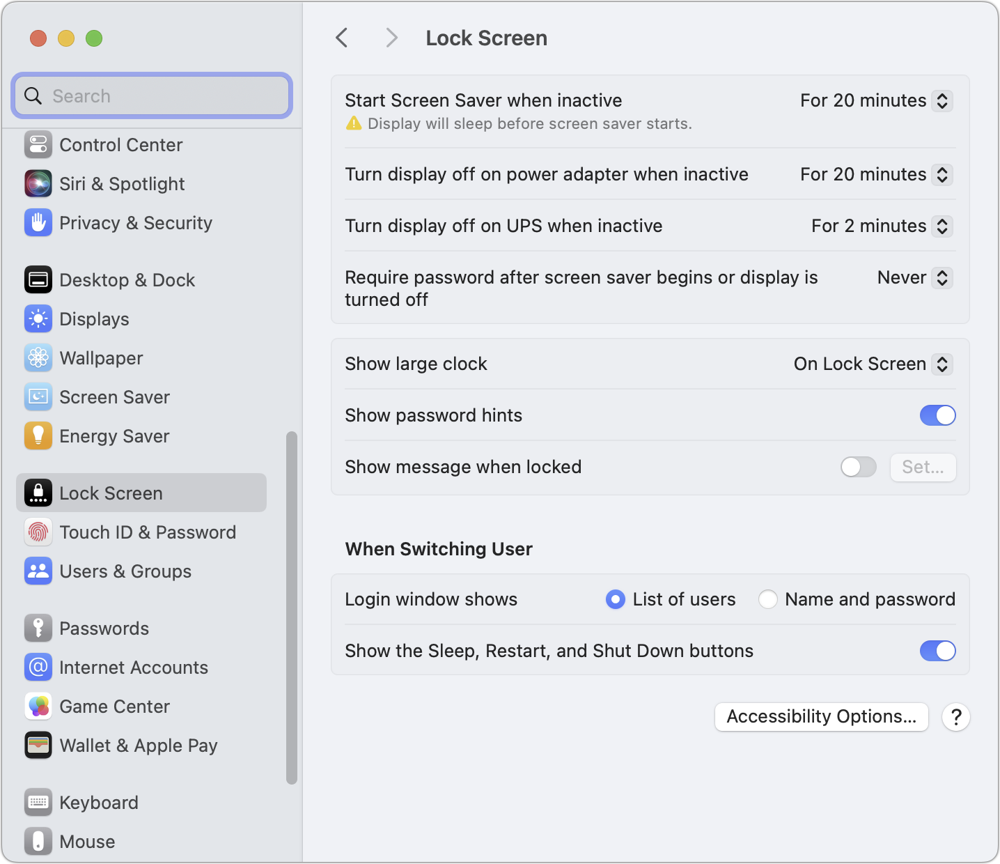 macOS Lock Screen settings