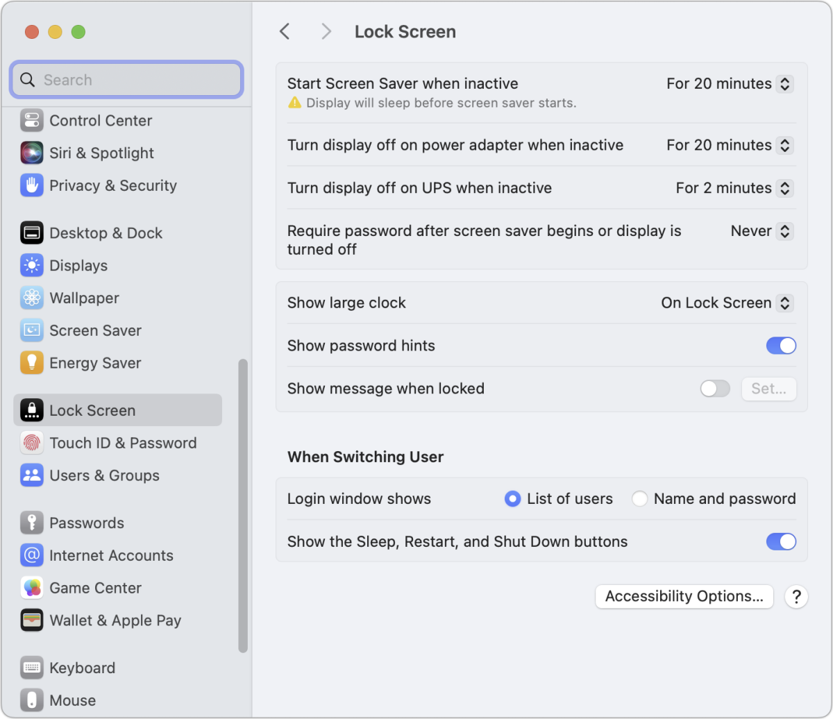 macOS Lock Screen Settings