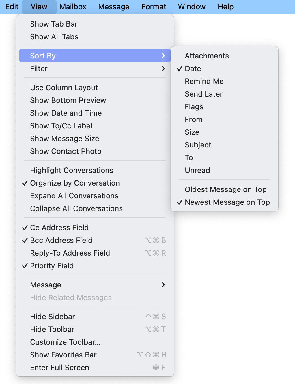 Here’s an explanation for Mail for macOS and its two sort options for recent messages