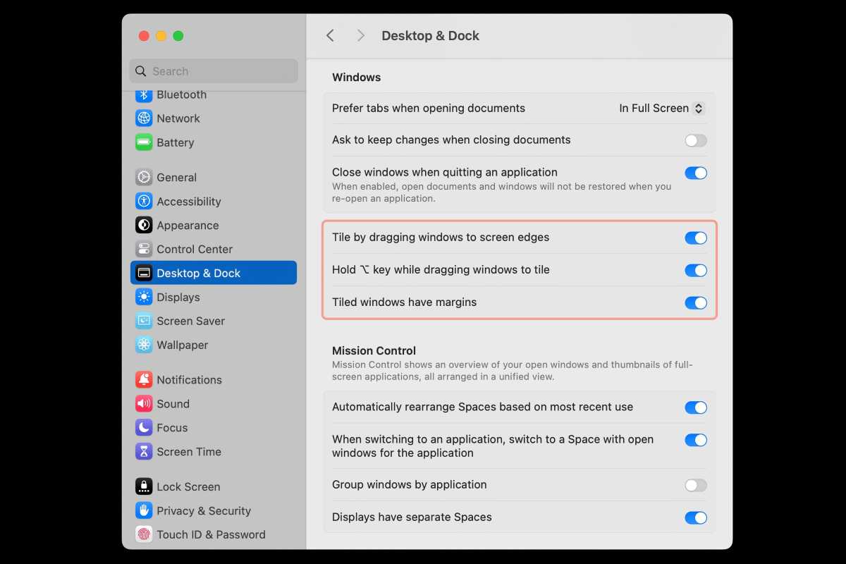 macOS Sequoia windows tiling settings