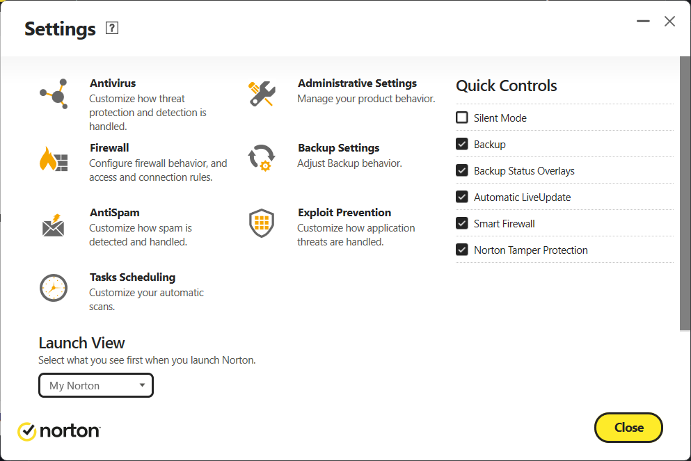 Norton Antivirus Plus - feature settings within Classic view (June 2024)