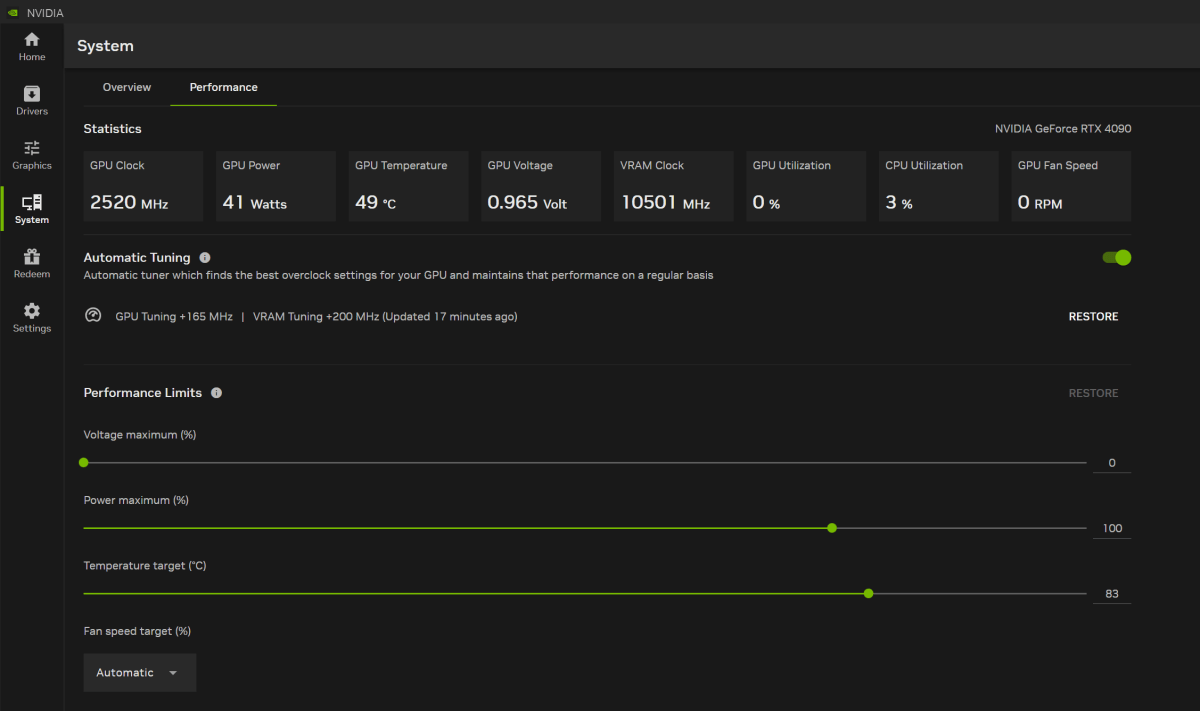 Nvidia app performance tab