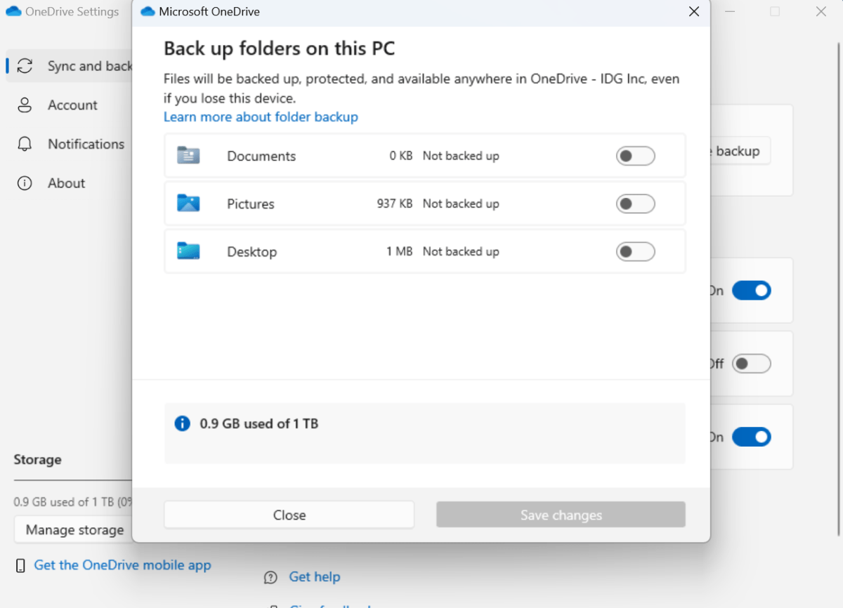 onedrive manage backup